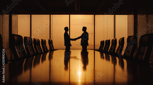 Two business silhouettes shaking hands at long boardroom table at sunset.