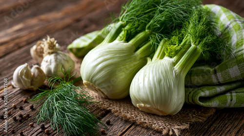 Fresh raw fennel bulbs resting on rustic wooden surface with garlic