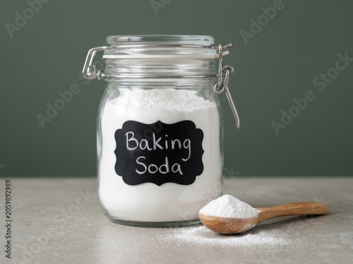 Glass jar of baking soda with wooden scoop, essential kitchen ingredient for recipes and household use.