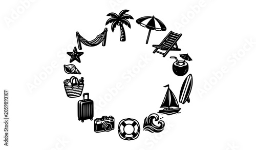 Tropical Beach Resort and Sea Vacation Elements Black 3D Vector Clipart Set