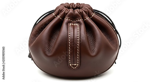 Small dark brown leather drawstring pouch isolated on white background