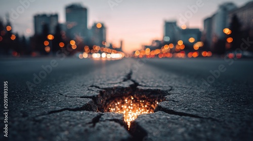 cracked asphalt road with city lights in the background at dusk
