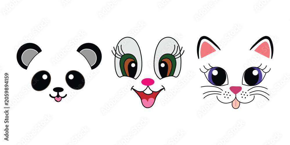 Fototapeta premium Cute animal face vector set, cartoon panda rabbit and cat characters, adorable pet facial expressions for kids design and stickers