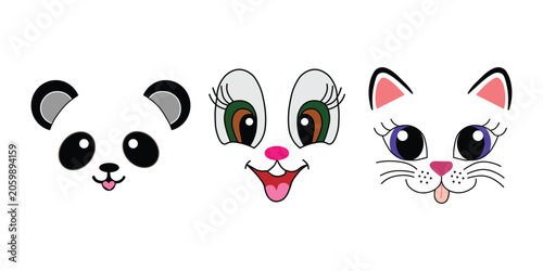 Cute animal face vector set, cartoon panda rabbit and cat characters, adorable pet facial expressions for kids design and stickers