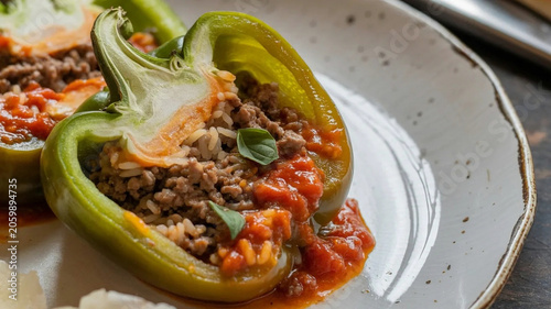 Stuffed bell pepper with ground meat and tomato sauce, rustic baked dinner close-up on ceramic plate, comfort food