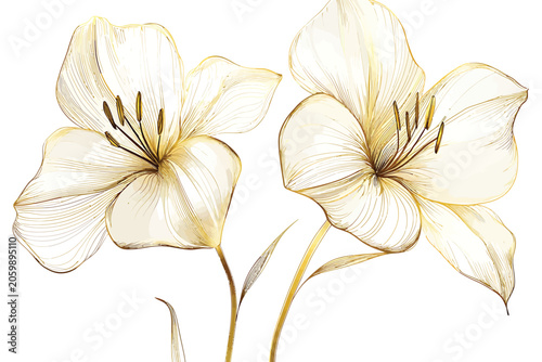 Delicate Watercolor Painting Of Two Elegant White Lily Flowers Vector Illustration.