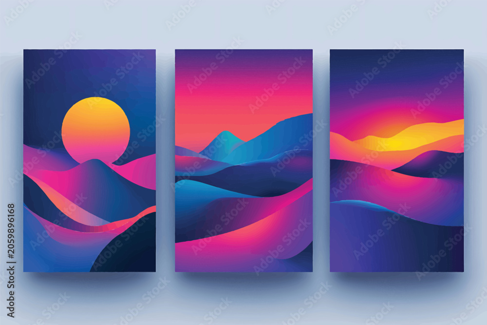 Fototapeta premium Vibrant Abstract Landscape Triptych With Sunset And Mountains Vector Illustration.