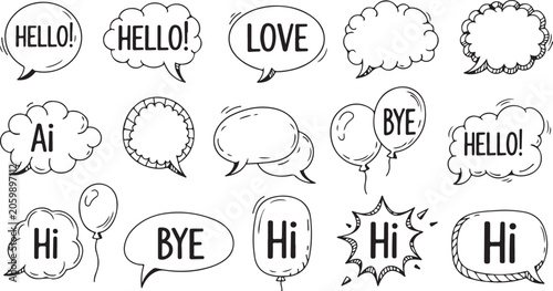 Hand Drawn Speech Bubbles with Greeting Words Vector Illustration Set