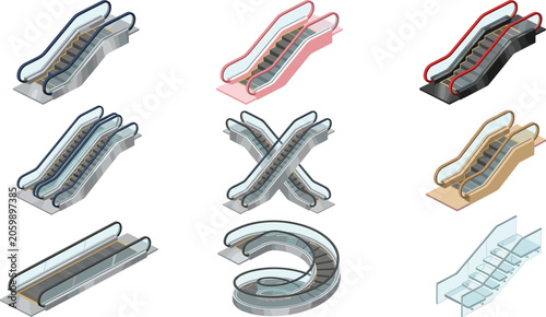Isometric escalator vector illustration collection set featuring modern mechanical stairs moving walkways crisscross and spiral designs isolated elements for shopping mall public architecture