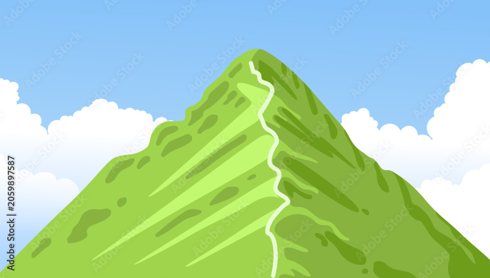 Fototapeta premium A winding path leading to the top of a green hill. Mountain peak. Scenic view with blue sky and white clouds. Vector cartoon illustration.