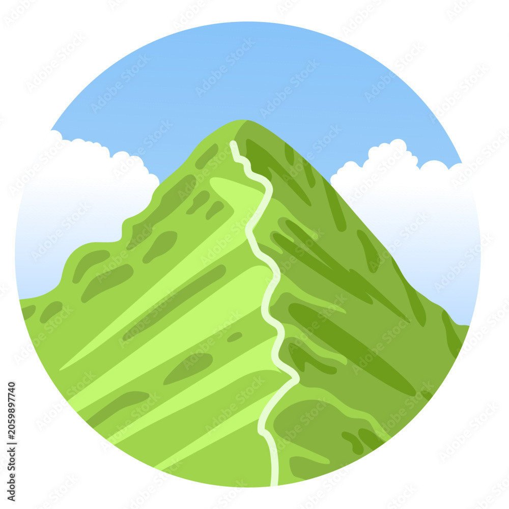 Fototapeta premium Round mountain landscape. Rock, cliff and blue sky with clouds. Colorful scenic view. Flat vector illustration.