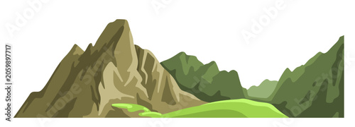 Mountain landscape illustration. Hills, cliffs, rocky mount. Isolated cartoon vector illustration.