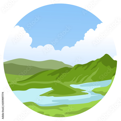 Round mountain landscape. Rock, cliff and blue sky with clouds. Colorful scenic view. Flat vector illustration.
