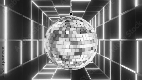 Black and White Glowing Disco Ball in Neon Tunnel Futuristic Nightclub Background Loop