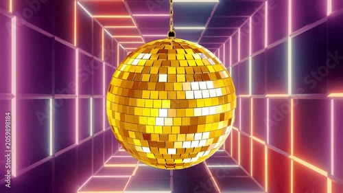 Gold Glowing Disco Ball in Neon Tunnel Futuristic Nightclub Background Loop