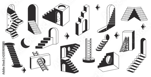 Staircase portal. Ladder surreal door, geometric abstract stairway space illusion stairs arch window construction fantasy universe minimal element design neat vector illustration