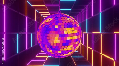 Purple Glowing Disco Ball in Neon Tunnel Futuristic Nightclub Background Loop