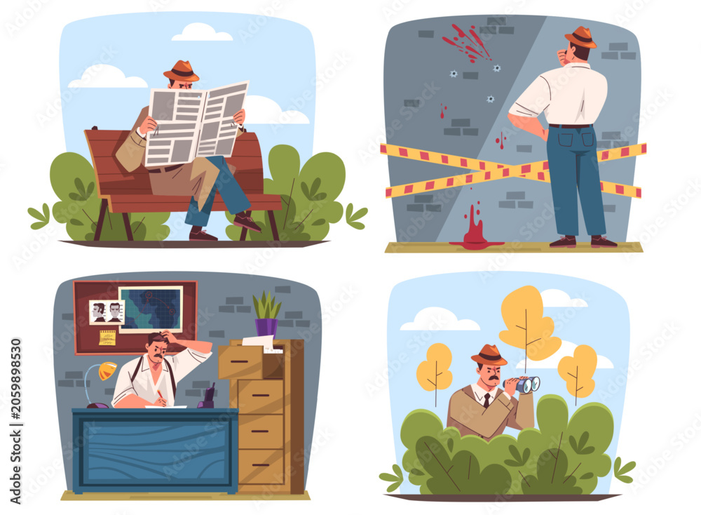 Naklejka premium Detective investigation work. Inspector crime investigating, investigator spy search murder evidence suspect criminal surveillance cartoon scenes set classy vector illustration