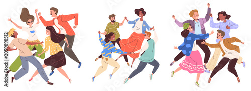Dancing friends group. Happy young people dance party, friend dancing crowd person fun celebrate together man woman dancer disco music joy night event classy vector illustration