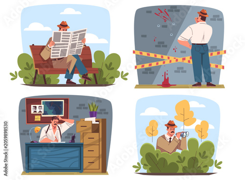 Detective investigation work. Inspector crime investigating, investigator spy search murder evidence suspect criminal surveillance cartoon scenes set classy vector illustration