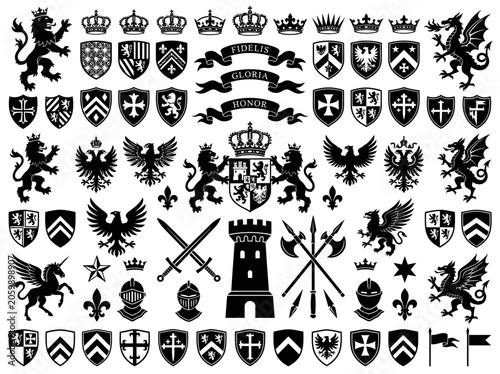 Comprehensive collection of black heraldic symbols and medieval crests featuring lions, eagles, dragons, shields, swords, and crowns on white background for vintage royal graphic designs.