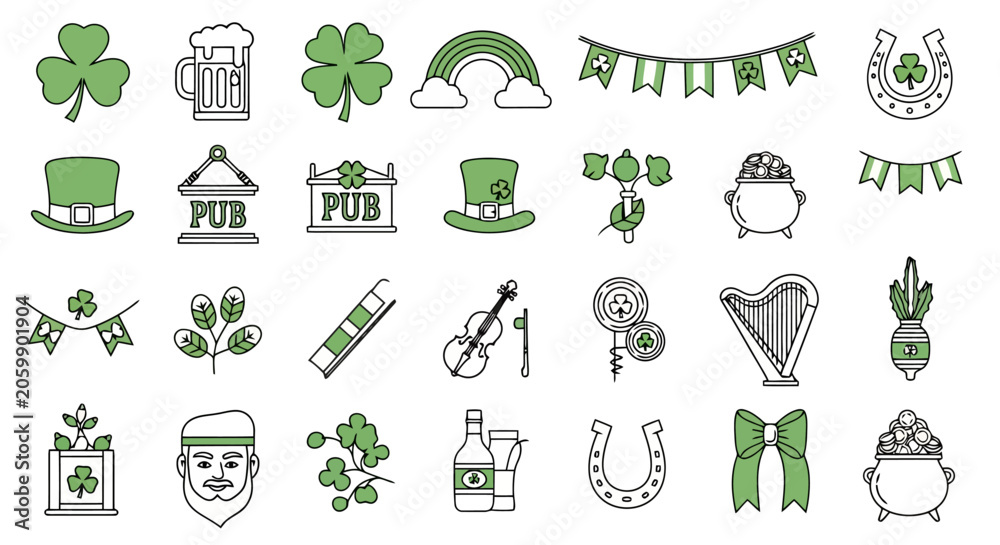 Naklejka premium A collection of St. Patrick's Day themed icons including shamrocks, leprechauns, rainbows, beer mugs, and pots of gold.