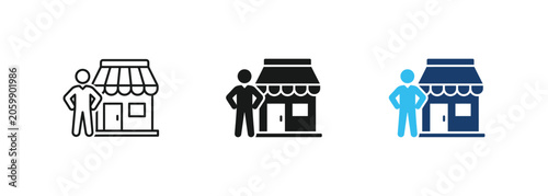 Businessman standing in front of shop building vector icon set, small business owner and marketplace retail store, vector illustration