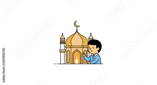 Young boy standing beside a golden mosque