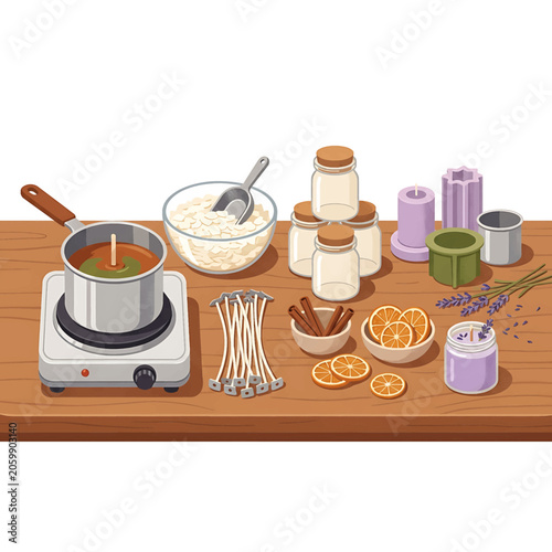 Candle making ingredients on table.