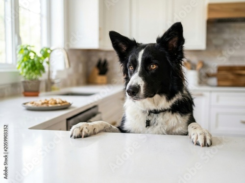 A curious black and white Border Collie dog peeking over a kitchen counter with paws resting