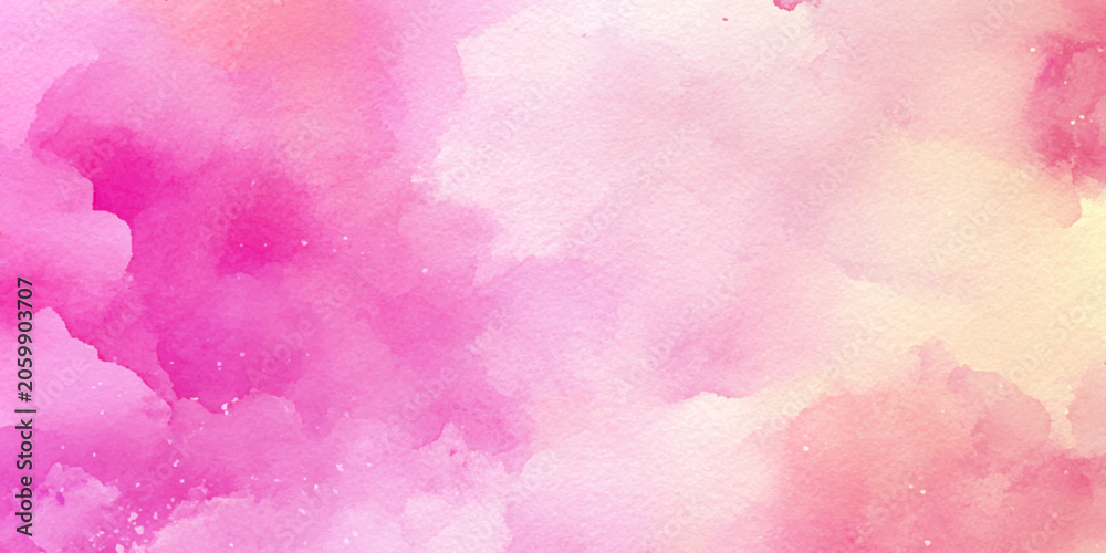 Fototapeta premium Watercolor wash effect with delicate color blend of yellow pink and green tones, abstract pink watercolor background, dreamy, watercolor-style rendering of fluffy, pink, and yellow clouds.