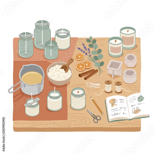 Candle making supplies on wooden table.