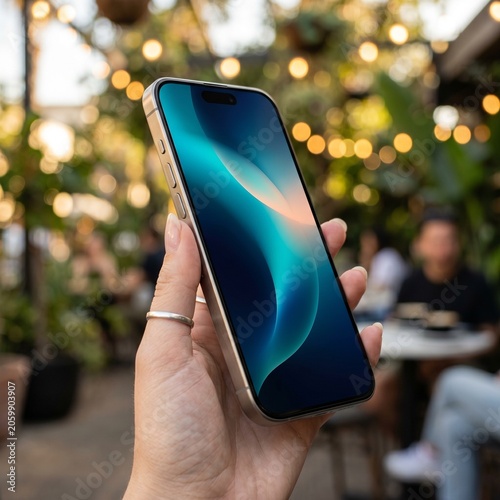 Person holding a mobile phone in hand using smartphone technology