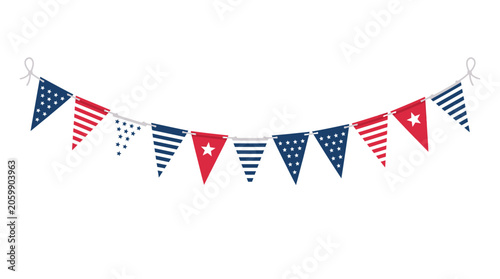 Foto Patriotic bunting flags, American flag garland, red white blue pennants, festive