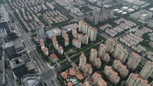 Drone shot of residential neighborhood and apartment tower blocks in Suzhou, China