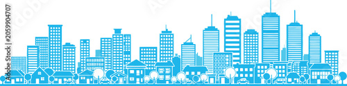 Blue city skyline silhouette with residential houses and office skyscrapers in a flat vector graphic design style