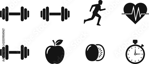 Fitness and healthy lifestyle icons set black silhouette graphics