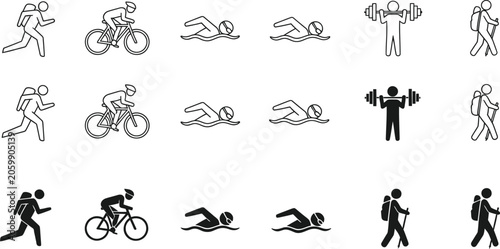 Sports icons set running cycling swimming weightlifting and gymnastics