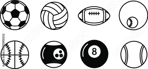 Sports equipment icon set soccer volleyball football baseball billiards