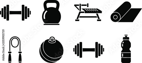 Fitness equipment icons dumbbells kettlebell bench mat jump rope ball bottle