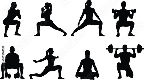 Fitness silhouettes diverse exercise poses for health and wellness concepts