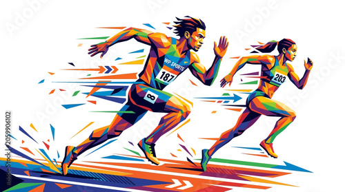 Obraz na płótnie Abstract digital artwork of male and female track sprinters in a fastpaced composition