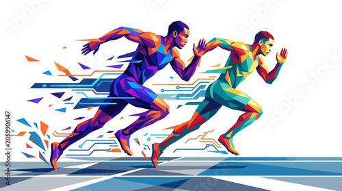 Φωτογραφία Geometric style illustration of two male athletes in a sprint race