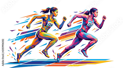 Two female runners racing competitively, displaying speed and agility in a vibrant and dynamic athletic environment. Perfect for sports or fitnessrelated designs.