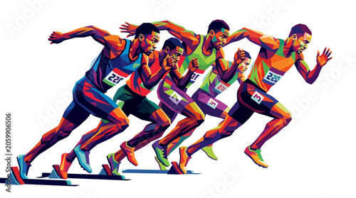 Bild auf Leinwand Athletic sprinters racing in a fast sports competition track event with multiple male participants, suitable for sports and running themes