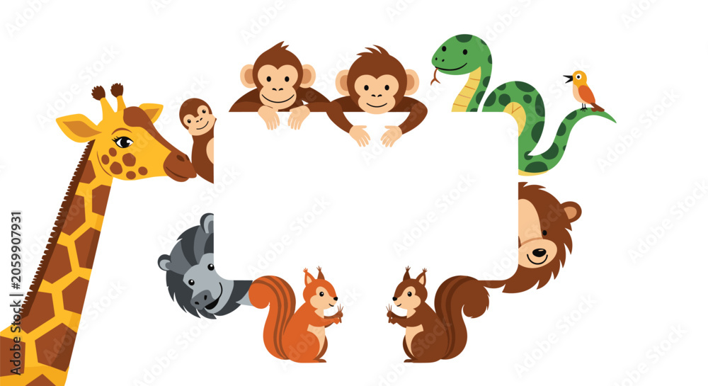 Obraz premium Group of wild animals including a giraffe and monkeys peering around a white rectangular frame on a plain background.