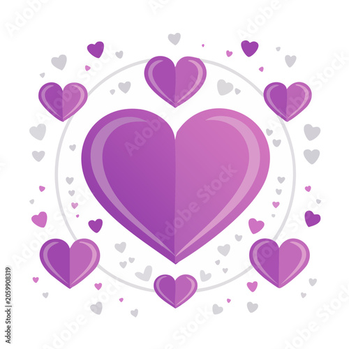 Purple Hearts in Flat Design on White Background
