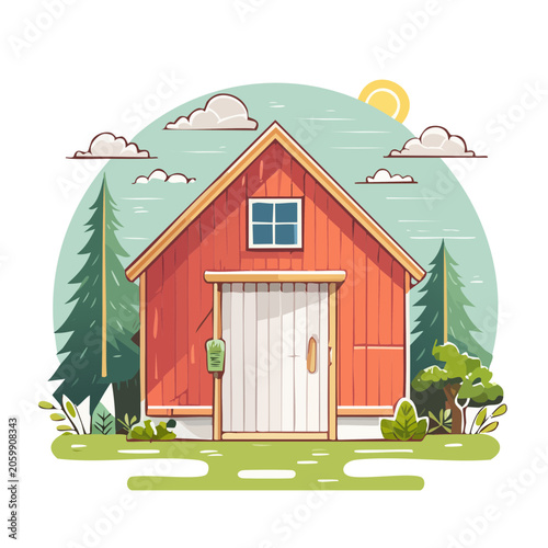 Red wooden shed in a garden with trees and mailbox