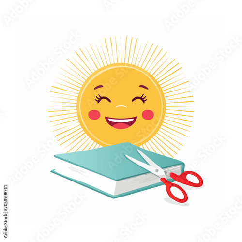 Smiling Sun with Book and Scissors Illustration