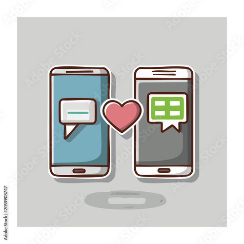 Two smartphones with chat icons and heart symbol